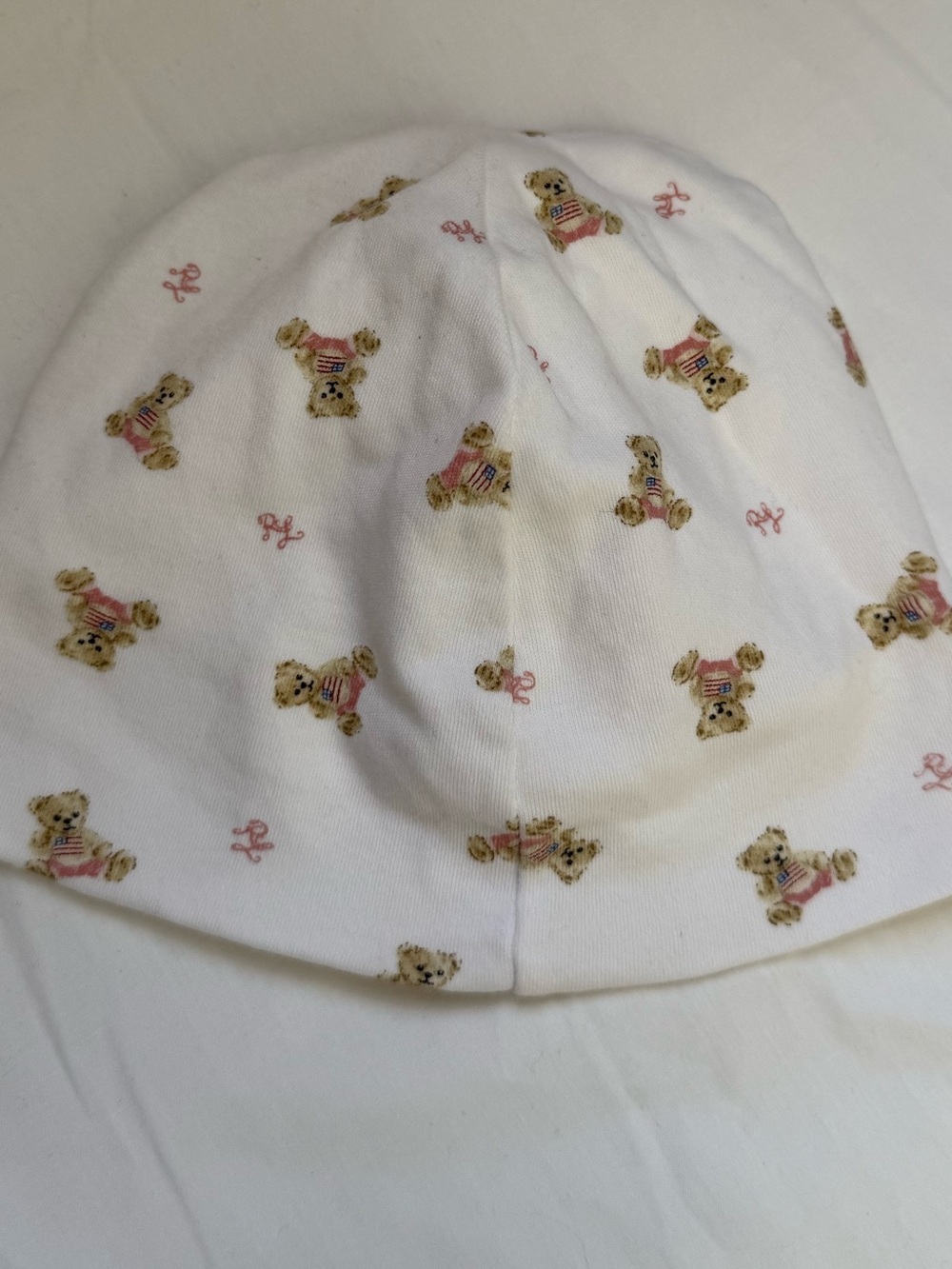 Ralph Lauren White Baby Beanie with Teddy Bear Print